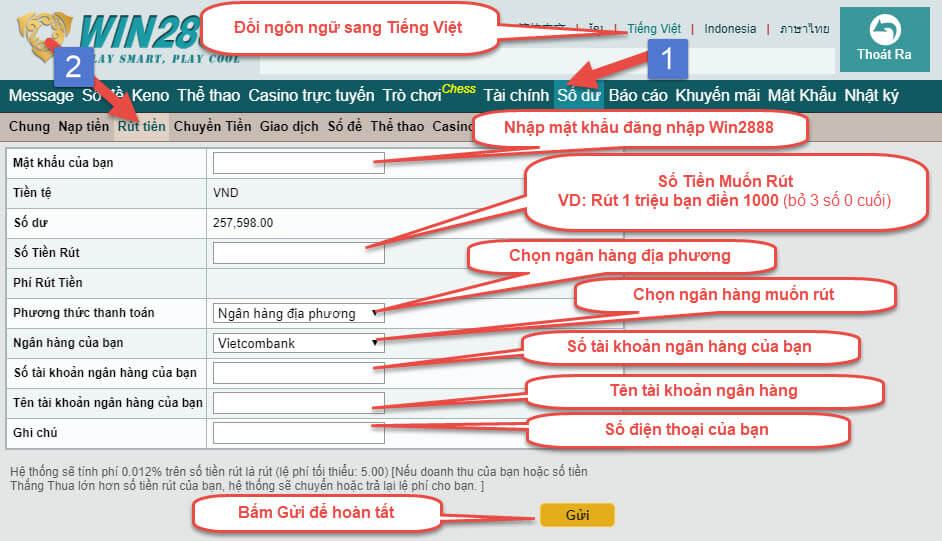 Làm lệnh rút tiền Win2888 về ngân hàng tại Việt Nam